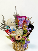 Lavender Teddy Clock & Chocolate Gift Basket