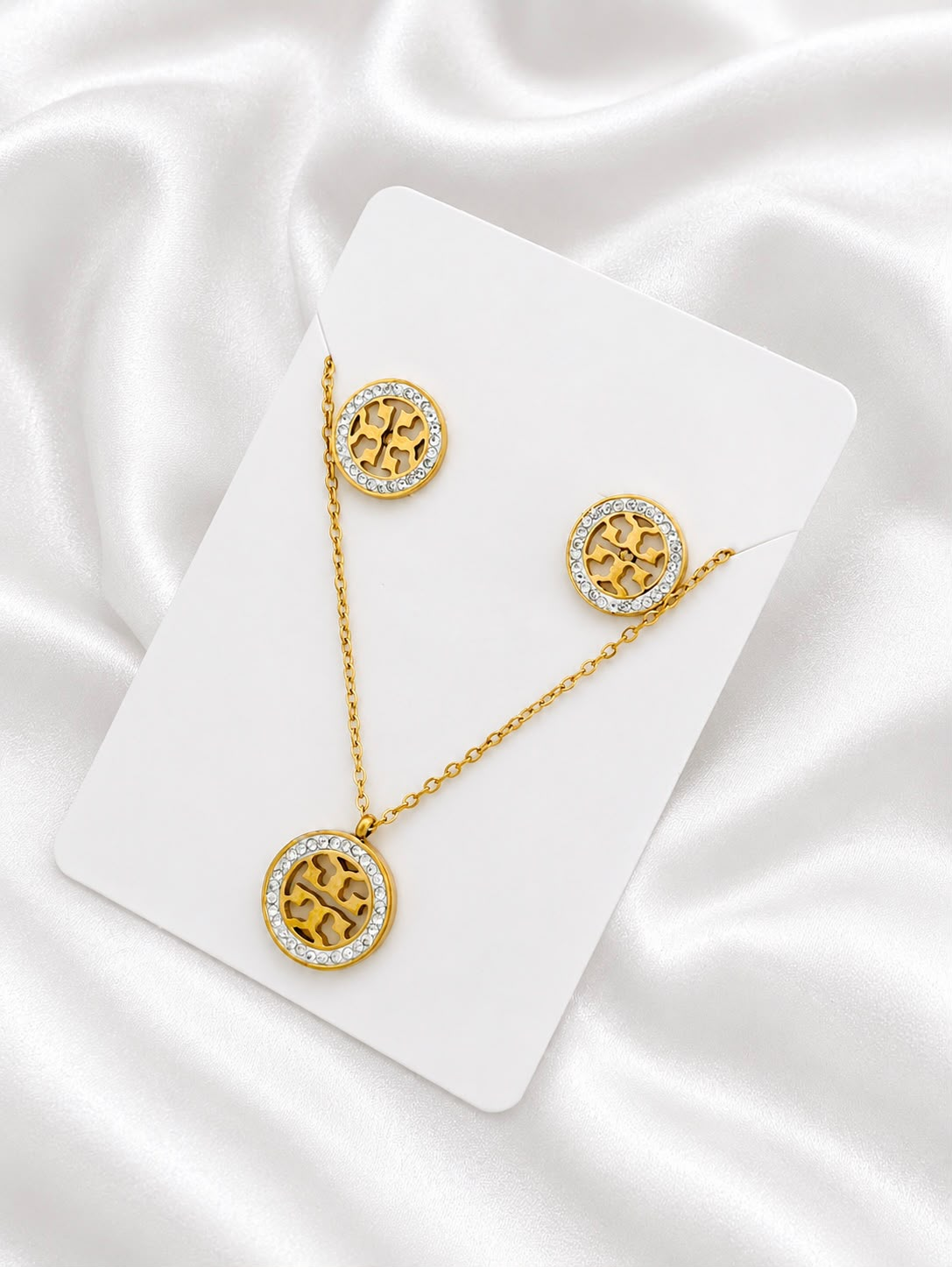 Golden Mosaic Crystal Necklace & Earrings Set