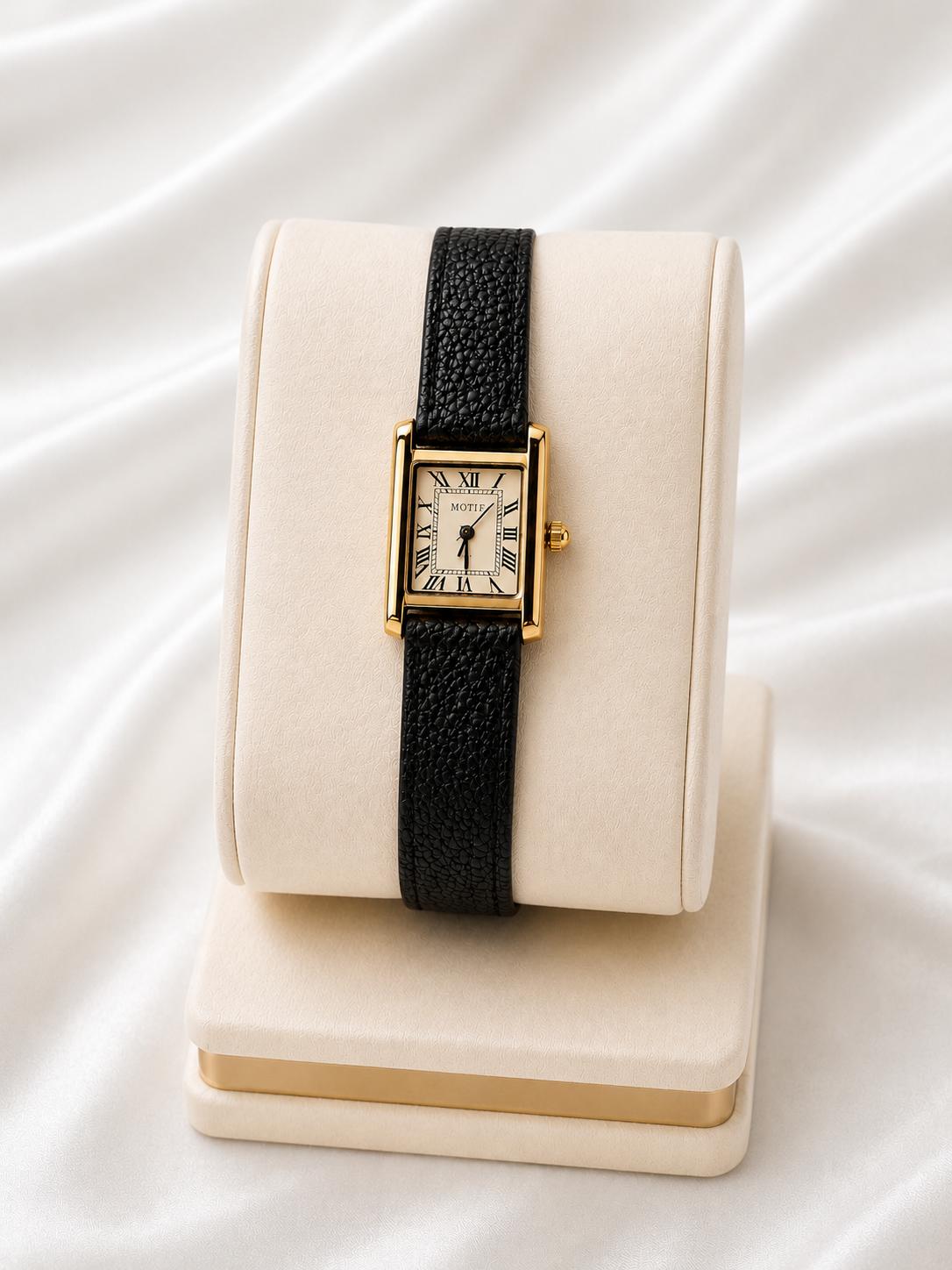 Classic Black Leather Rectangular Watch